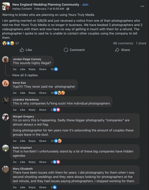 A Facebook post in a wedding planning group warns about Truly Media canceling bookings. Multiple users comment, sharing similar negative experiences and discussing issues with large photography companies.