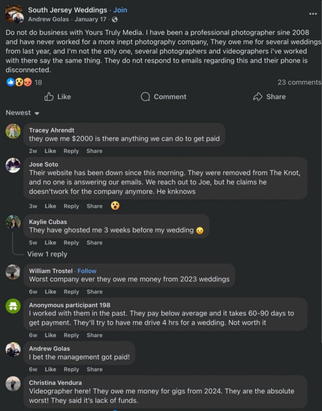 Screenshot of a Facebook post warning against doing business with Yours Truly Media due to unpaid photography work, featuring multiple comments from others sharing similar experiences and frustrations about not being paid.