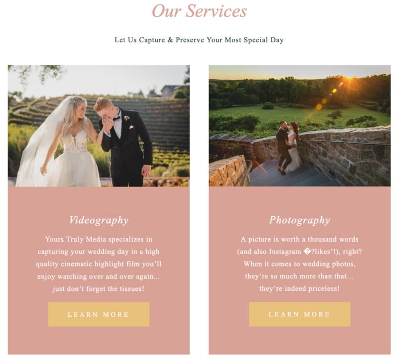 Two side-by-side wedding photos: left shows a bride and groom walking outdoors, the bride holding her veil; right shows a couple kissing on a stone bridge at sunset. Below are service descriptions for videography and photography.