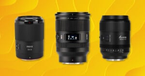 Three camera lenses are displayed side by side on a bright yellow background with subtle curved patterns. The lenses are labeled Meike 50mm, AF 35mm, and Aurora 50mm F1.4.