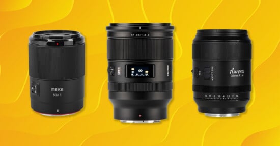 Three camera lenses are displayed side by side on a bright yellow background with subtle curved patterns. The lenses are labeled Meike 50mm, AF 35mm, and Aurora 50mm F1.4.