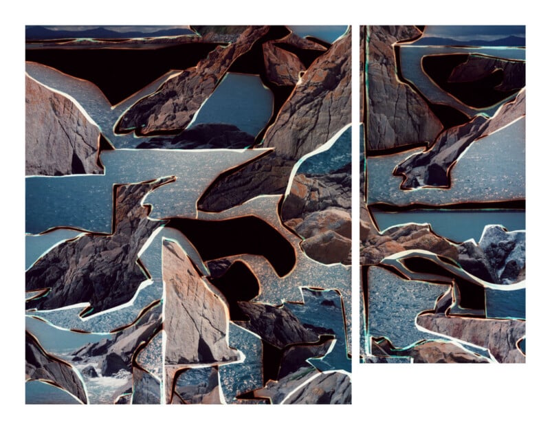 A collage of rocky coastal landscapes with jagged edges, overlapping sections, and outlined shapes revealing sparkling blue water and rugged stone formations under sunlight.