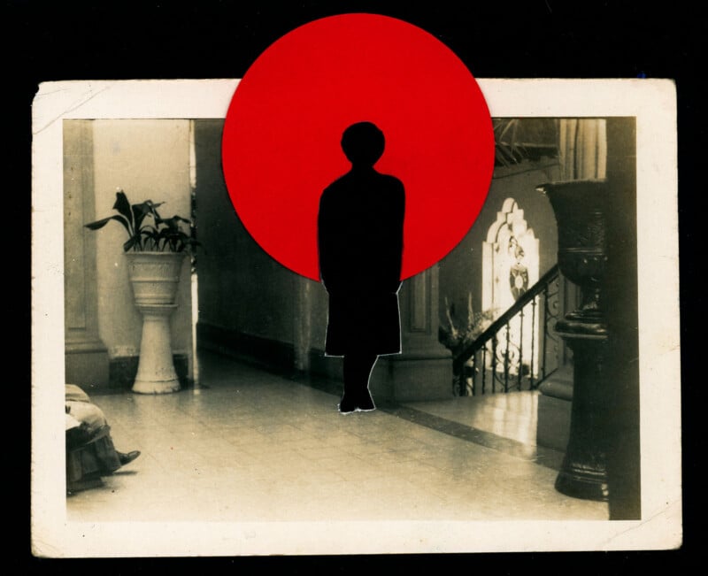 A vintage black-and-white photo of a woman standing in a hallway is partially covered by a bright red circle, with the woman's silhouette cut out and placed over the circle, creating a layered collage effect.