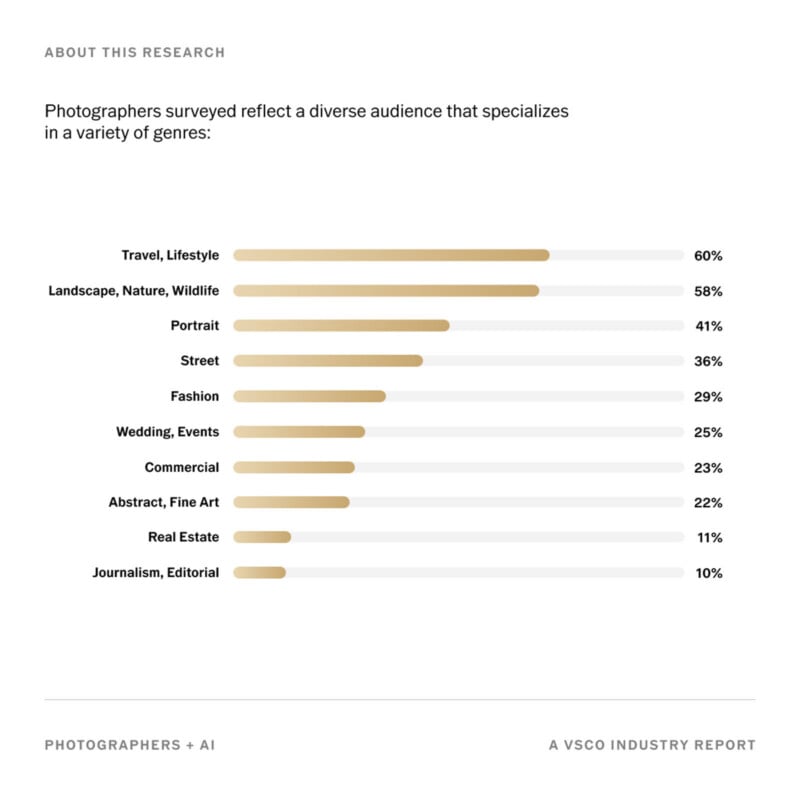 Bar chart showing photographers’ specialties: Travel, Lifestyle (60%), Landscape, Nature, Wildlife (58%), Portrait (41%), Street (36%), Fashion (29%), Wedding, Events (25%), Commercial (23%), Abstract, Fine Art (22%), Real Estate (11%), Journalism, Editorial (10%).