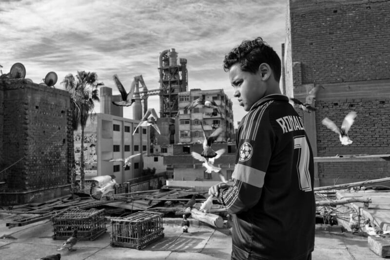 A boy wearing a Ronaldo soccer jersey stands on a rooftop, looking at pigeons flying around him. Behind him are buildings, palm trees, and an industrial structure under a partly cloudy sky. The image is in black and white.