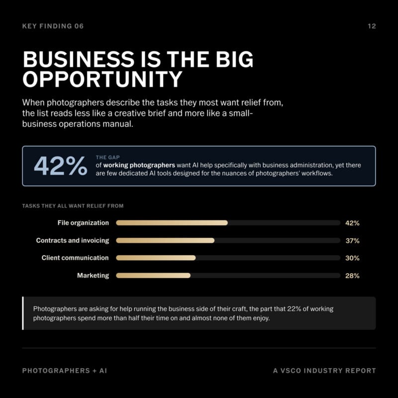 Infographic showing photographers' workflow relief needs: 42% want help with file organization, 37% with contracts and invoicing, 30% with client communication, and 28% with marketing. Includes supporting text and statistics.