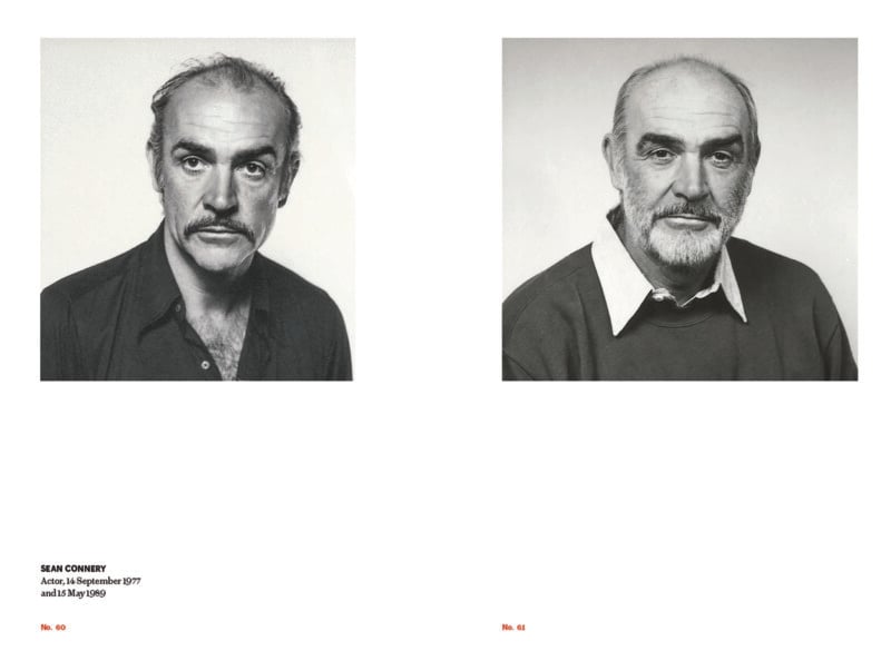Two black-and-white portrait photos of an older man with short hair and a beard. The left image shows him younger, clean-shaven with a mustache; the right shows him older with a full beard, wearing a collared shirt and sweater.