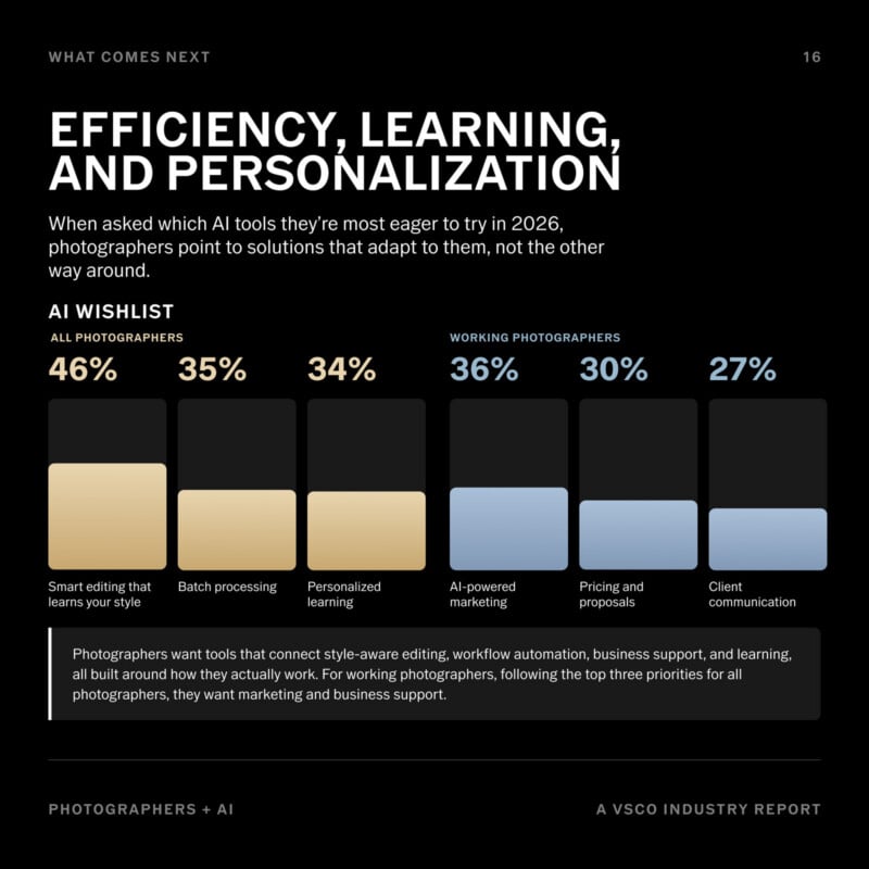 Infographic titled "Efficiency, Learning, and Personalization" shows top five AI wishlist tools for photographers in 2026: style-aware editing, batch processing, personalized learning, AI marketing, pricing/proposals, and client communication.