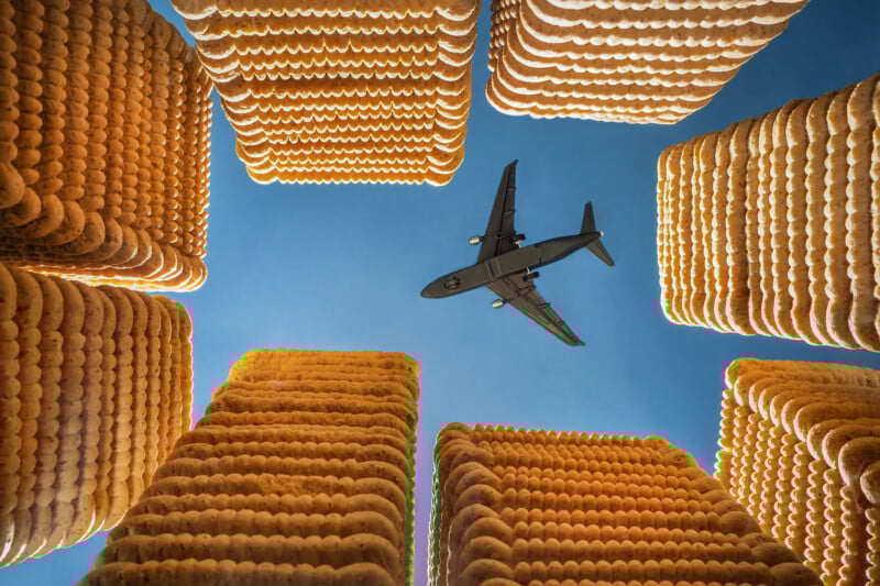 An airplane flies overhead, framed by tall stacks of square, textured cookies, against a clear blue sky viewed from below.