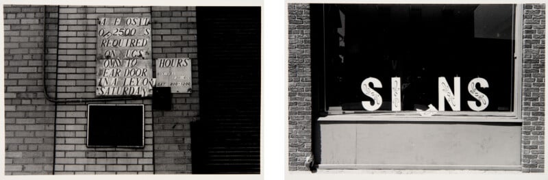 A black-and-white photo diptych: left, a brick wall with a handwritten sign and posted hours; right, a storefront window displaying broken letters that spell "SIGNS," with the "G" fallen.