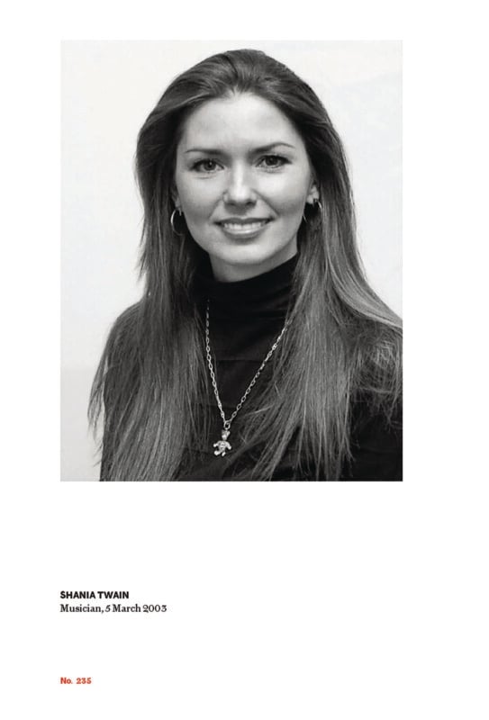 A woman with long, straight hair wears a dark turtleneck and a necklace, smiling at the camera against a plain background. Below is text reading "Shania Twain, Musician, 5 March 2003" and "No. 235" in red.