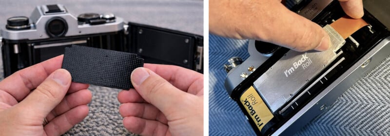 Two images: left, hands hold the back cover of a film camera removed from the camera body; right, hands insert a digital film module labeled “I’m Back” into the back of a film camera.