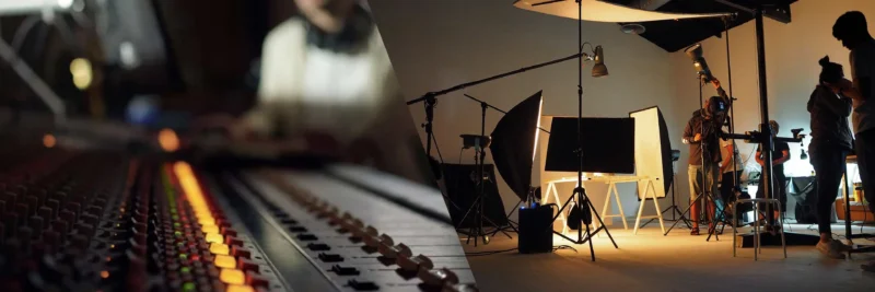 A split-screen image shows a blurred close-up of an audio mixing console on the left and a well-lit photo or video studio with cameras, lights, and people working on the right.