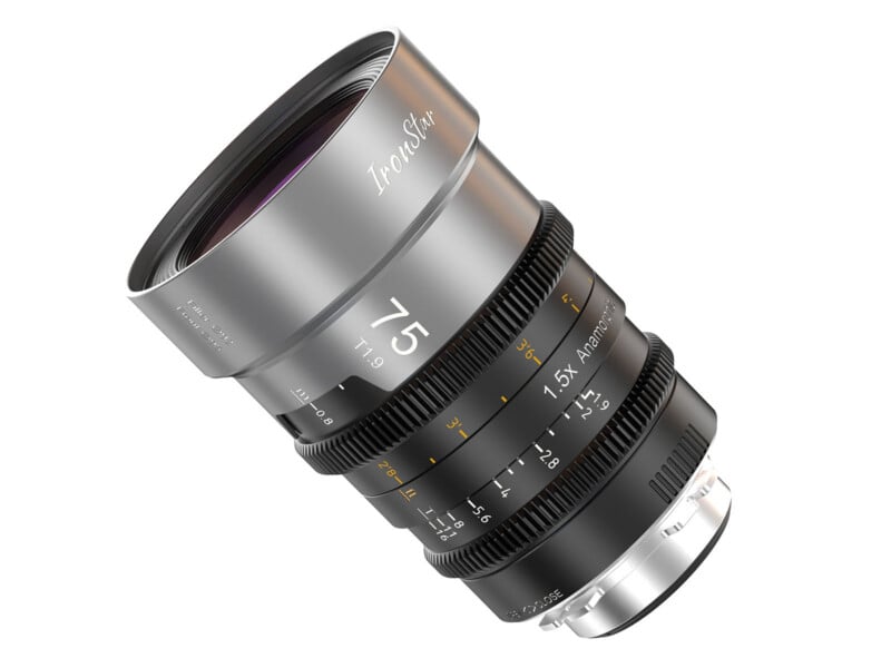 A silver and black camera lens labeled "IronStar 75 T1.9," featuring focus, aperture, and 1.5x anamorphic adjustment rings with detailed numeric markings, isolated on a white background.