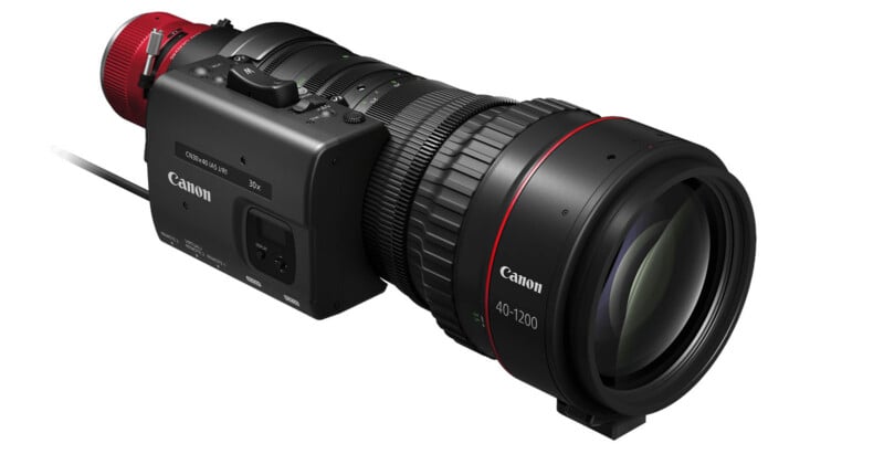 A Canon 4K broadcast camera lens with a large front glass and a zoom range of 40-1200mm, featuring black and red accents, dials, and control buttons. The Canon logo is visible on the side and lens barrel.