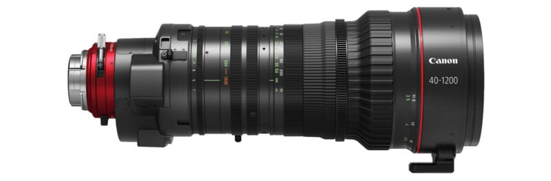 Side view of a large Canon camera lens, labeled “40-1200,” featuring multiple rings with engraved numbers and markings, a red accent, and a sturdy build designed for professional photography or videography.