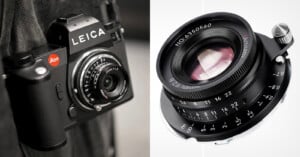 A side-by-side image shows a Leica film camera with a lens attached on the left, and a close-up of a black 7Artisans 35mm f/2.0 camera lens on the right, displaying its aperture and focus markings.