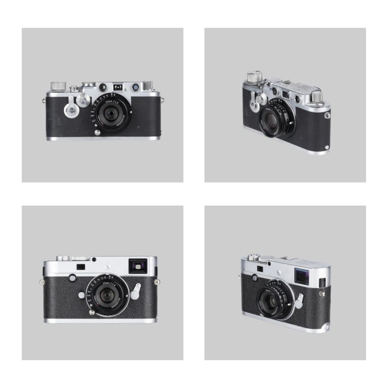 Four views of a vintage black and silver rangefinder camera displayed against a plain gray background, showing the camera from the front, back, top-side angle, and bottom-side angle.