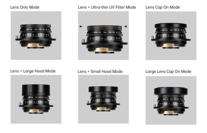 A grid of six camera lenses in different modes: Lens Only, Lens with Ultra-thin UV Filter, Lens Cap On, Lens with Large Hood, Lens with Small Hood, and Lens with Large Hood and Cap On.