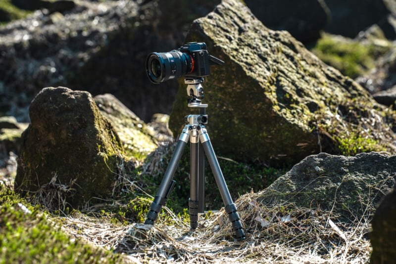 A camera mounted on a tripod stands on dry grass, surrounded by large mossy rocks in an outdoor, natural setting.