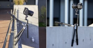 A split image shows a camera mounted on a flexible tripod, with the tripod legs angled and gripping the edge of a concrete wall outdoors. The camera is pointed toward the street or building.