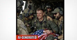 Four men in military uniforms sit together inside a vehicle, smiling and embracing. One man in the center holds an American flag. The image has a label at the bottom reading "AI-GENERATED.