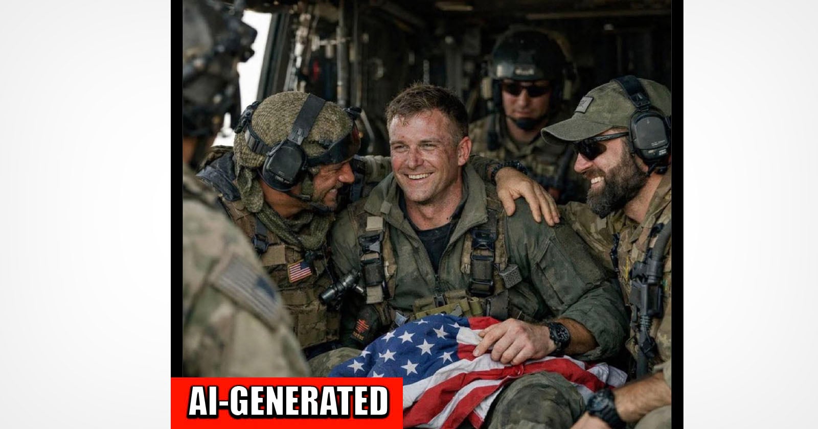 Four men in military uniforms sit together inside a vehicle, smiling and embracing. One man in the center holds an American flag. The image has a label at the bottom reading "AI-GENERATED.