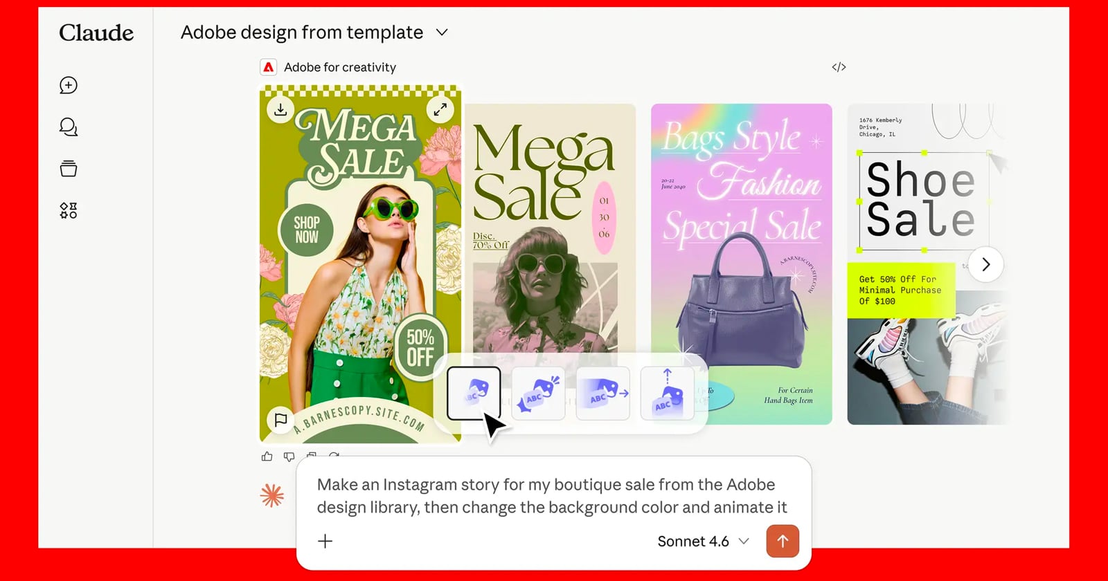 A computer screen displays an Adobe design template library with colorful sale poster templates for fashion, handbag, and shoe sales. A chat box at the bottom asks for an Instagram story using these templates.