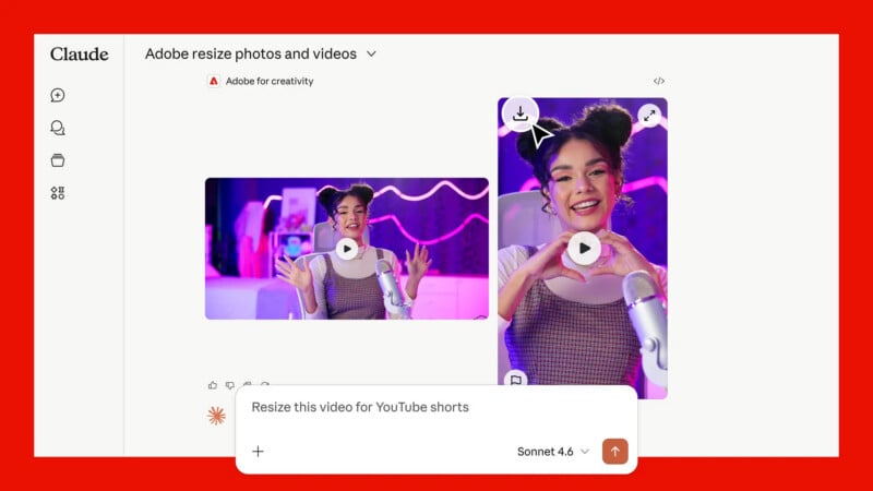 Screenshot of an Adobe tool resizing a video of a smiling woman in a purple room, making a heart gesture. The tool suggests resizing for YouTube Shorts. The background is bright red.