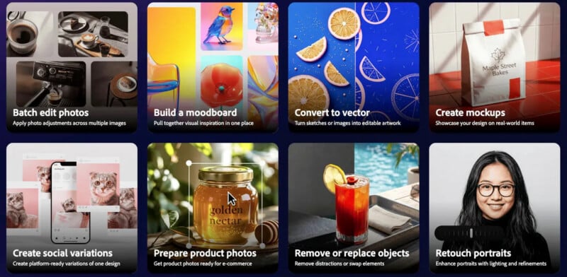 A digital collage features eight sections: batch edit photos, build a moodboard, convert to vector, create mockups, create social variations, prepare product photos, remove or replace objects, and retouch portraits.