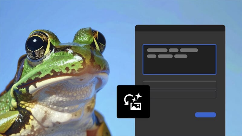 A close-up of a colorful frog next to a stylized illustration of a computer interface with an image upload icon, set against a blue background.