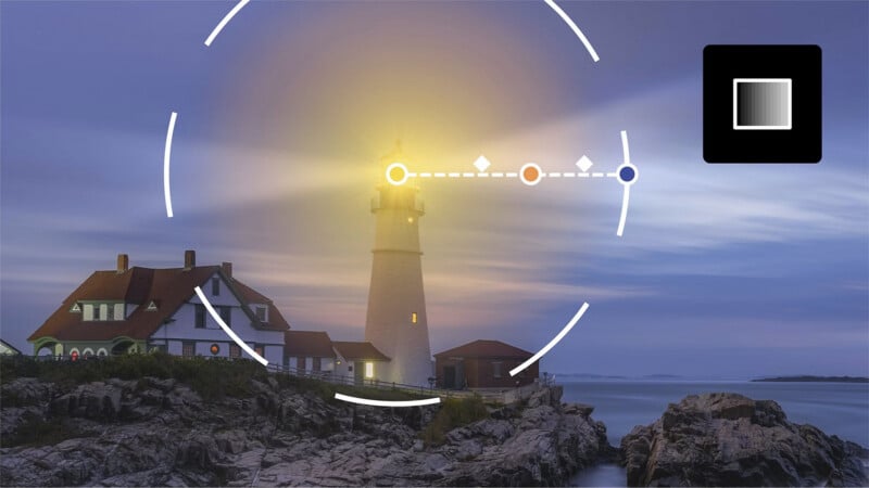A lighthouse on a rocky shore shines its light at dusk, with a digital overlay showing a white arc, dotted line, and slide bar, suggesting navigation or adjustment features.