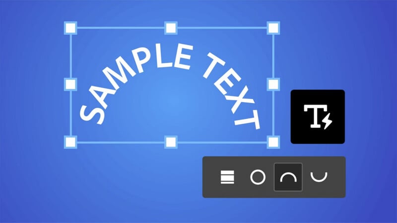 A blue background image shows "SAMPLE TEXT" curved upward inside a selection box with corner handles. Editing tools below display text alignment, a curve icon, and other text formatting options.
