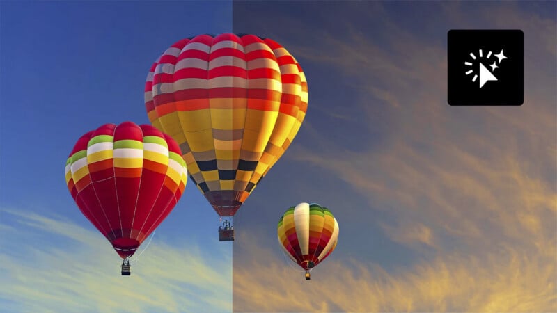 Three colorful hot air balloons float in the sky at sunset. The left half of the image is vivid and bright, while the right half is darker and muted, featuring a magic wand icon in the upper right corner.