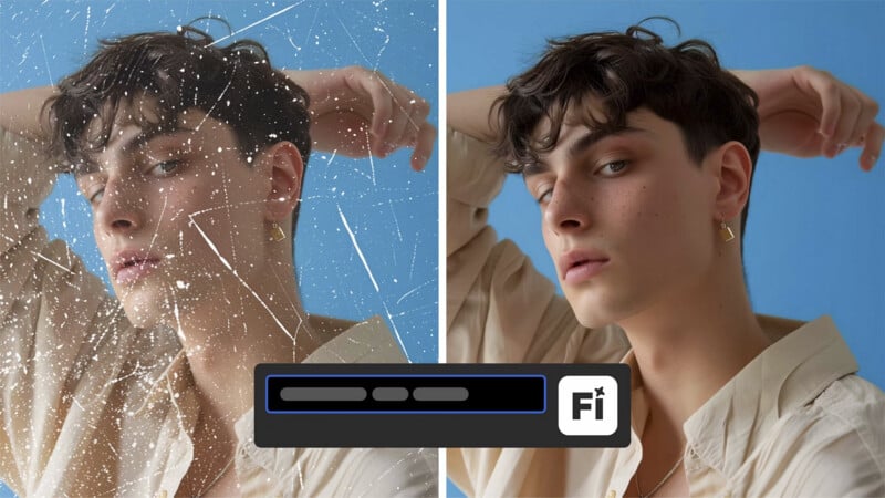 A split image shows the same person posing against a blue background. The left side is scratched and damaged; the right side is clear and undamaged. A restoration progress bar with "Fi" is overlaid at the bottom.