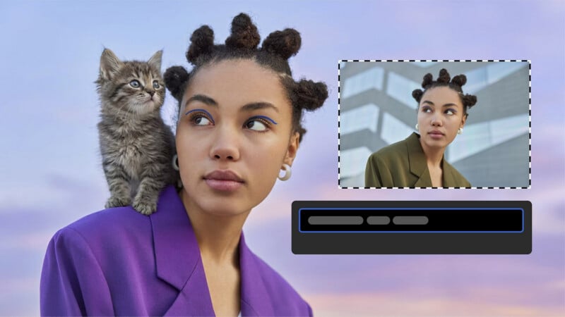 A young woman in a purple blazer with bantu knots and hoop earrings looks to the side with a kitten on her shoulder. There is a smaller inset image of her in a green jacket, and a progress bar below.
