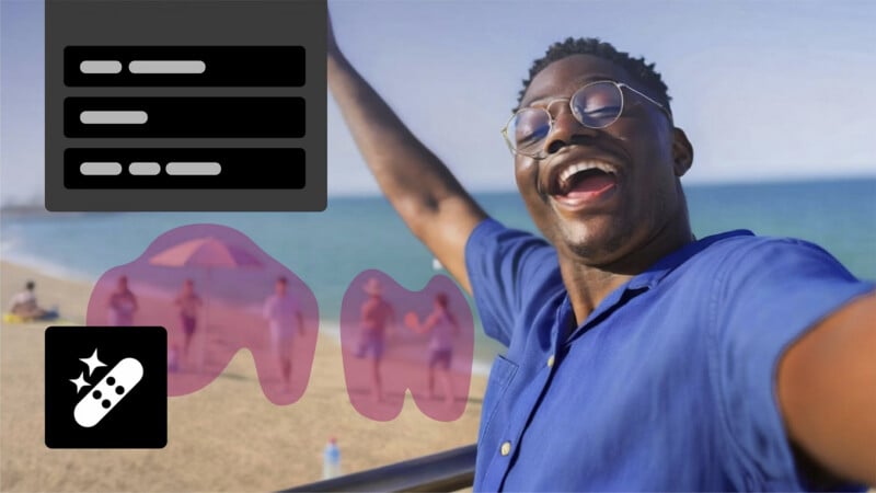 A smiling man takes a selfie at the beach, with a group of people blurred in the background. Overlay graphics include a chatbox, a sparkling bandage icon, and two pink highlighted areas around the group.