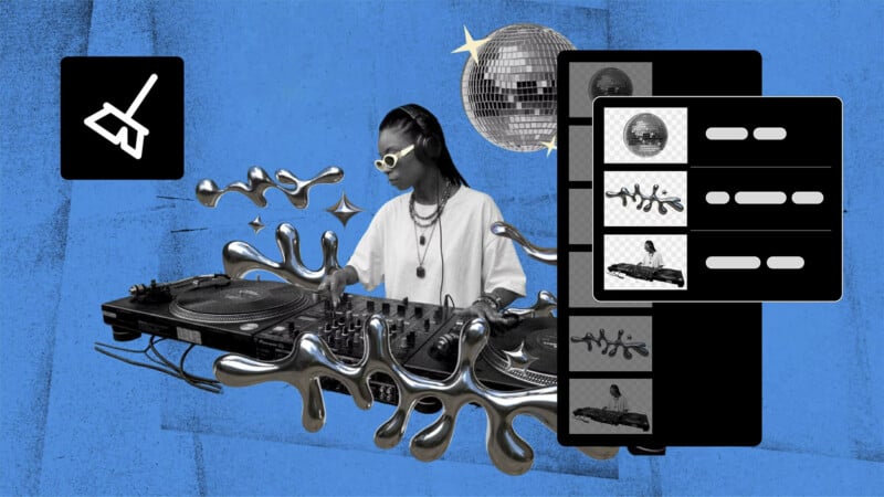 A collage-style image shows a DJ at a turntable wearing sunglasses and headphones, with metallic liquid shapes, a disco ball, and layered digital editing menus on a blue textured background. A broom icon is in the top left corner.