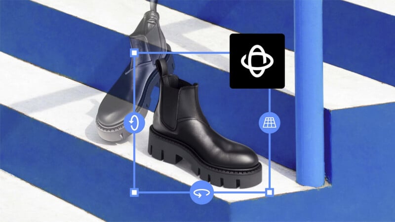 A black chunky-sole Chelsea boot is displayed on blue and white stairs. Blue digital interface icons for rotation, 3D view, and reset surround the boot, indicating interactive or virtual viewing features.