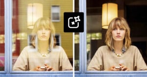 A woman with blonde hair and bangs sits indoors at a table, looking out a window. The left side shows her through the glass with reflections; the right side shows her clearly without reflections. An icon with stars is centered above.