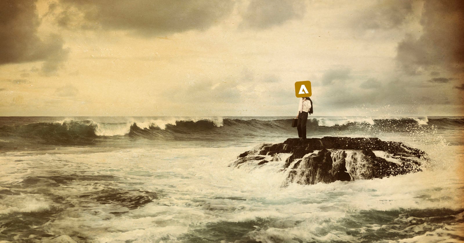 A person in business attire stands on a rocky outcrop surrounded by rough ocean waves under a cloudy sky. The person’s head is replaced by a yellow sign with a white upward arrow.