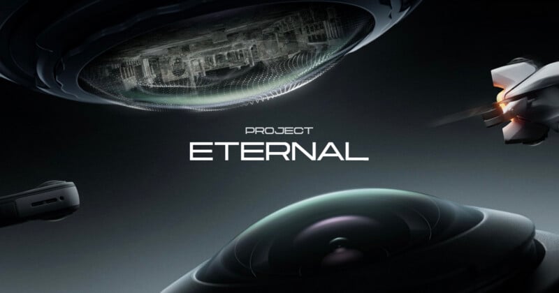 Futuristic digital art with the words "Project Eternal" in the center, surrounded by abstract, metallic, sci-fi shapes, including a cityscape encased in a dome and a camera lens-like object.