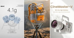 Three posters: left shows small, clear camera lens adapters labeled "4.1g" with the word "Air"; middle has a colorful quilted backpack on a tripod outdoors; right displays a white CineMaster-V 16K cinema camera.