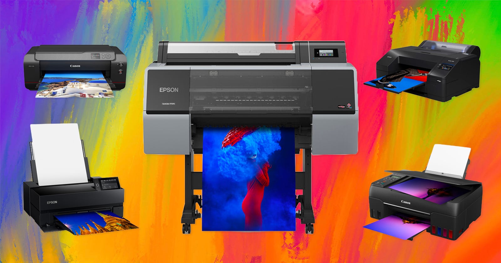 Five color photo printers, including models from Epson and Canon, are displayed against a vibrant rainbow-painted background, each printing a colorful, high-quality image.
