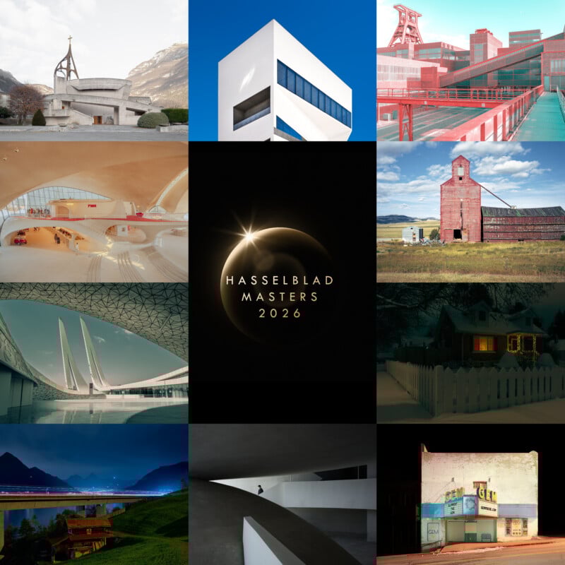 A 3x4 grid of diverse architectural photos surrounds a central "Hasselblad Masters 2026" logo. Images feature modern, historic, and rural buildings, both exterior and interior, in varied lighting and settings.