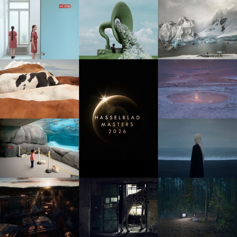 A grid of 9 artistic photos, including people, surreal sculptures, landscapes, animals, and the text "Hasselblad Masters 2026" in the center over a dark background with a golden ring.