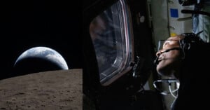 On the left, Earth is seen rising over the Moon’s surface. On the right, an astronaut wearing a headset looks out a spacecraft window, illuminated by light.