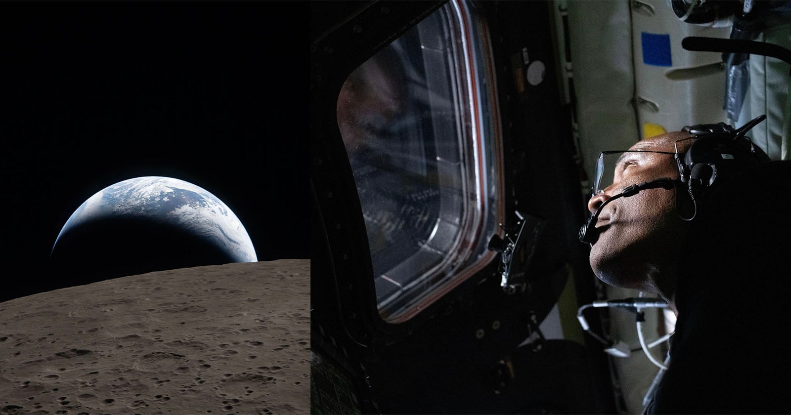 On the left, Earth is seen rising over the Moon’s surface. On the right, an astronaut wearing a headset looks out a spacecraft window, illuminated by light.