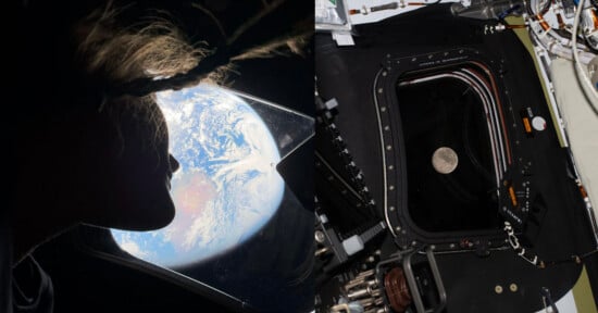 A person looks out of a spacecraft window at Earth, while on the right, a window shows the moon and part of the spacecraft's interior, with cables and instruments visible.