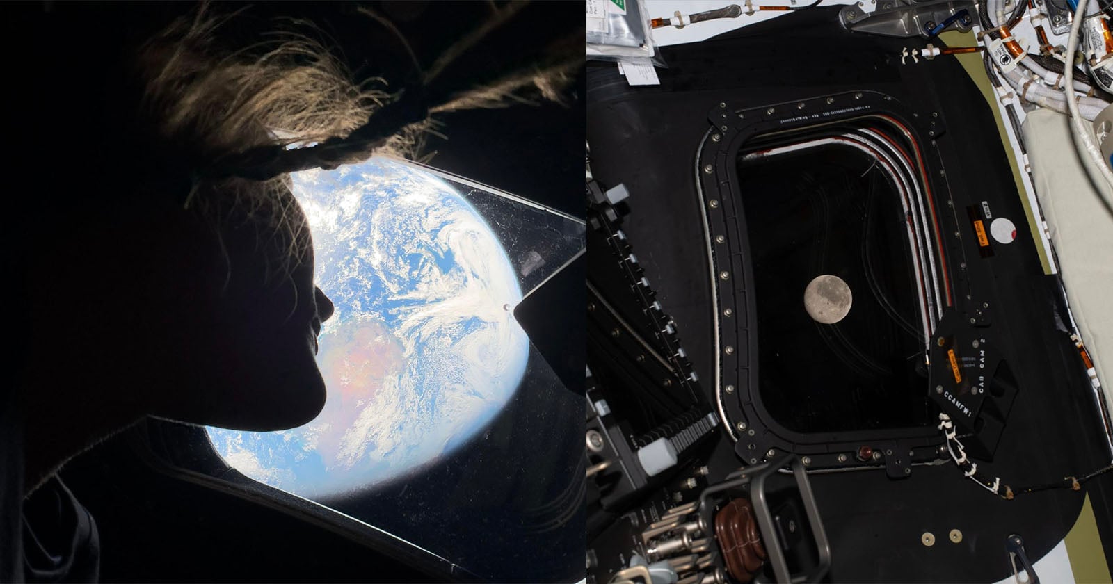 A person looks out of a spacecraft window at Earth, while on the right, a window shows the moon and part of the spacecraft's interior, with cables and instruments visible.
